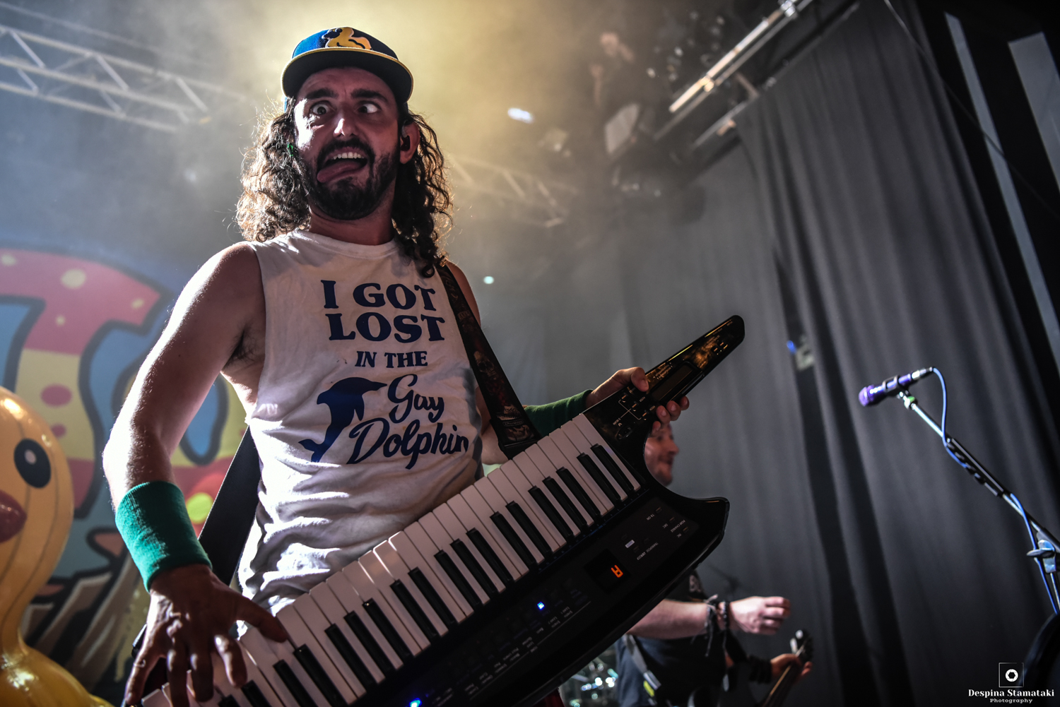 Christopher Crowe of the band Alestorm making a silly gesture while performing live at Gagarin 205 Live Music Space. Photo by Despina Stamataki